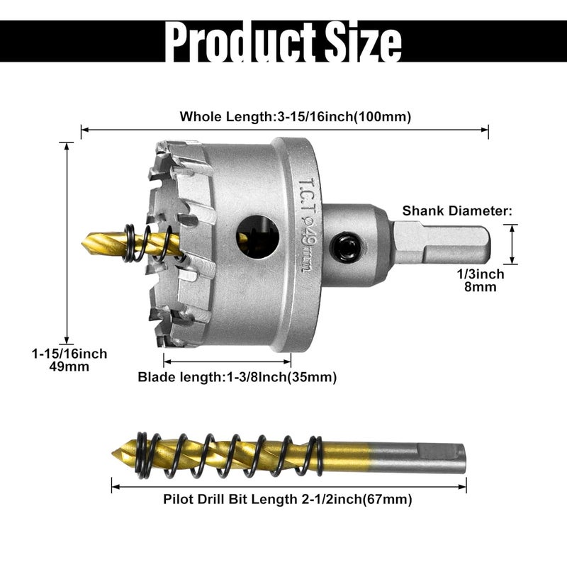 SALI 1-15/16" (49mm) TCT Hole Saw Kit Tungsten Carbide Tipped Hole Saw Drill Bit with Titanium-Plated Pilot Drill bit for Metal, Stainless Steel, Iron, Wood, Plastic - Image 3